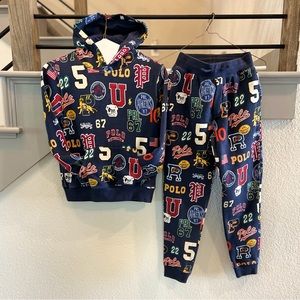 Polo Ralph Lauren Varsity Fleece Hoodie with Joggers - Size Small (8) - Navy